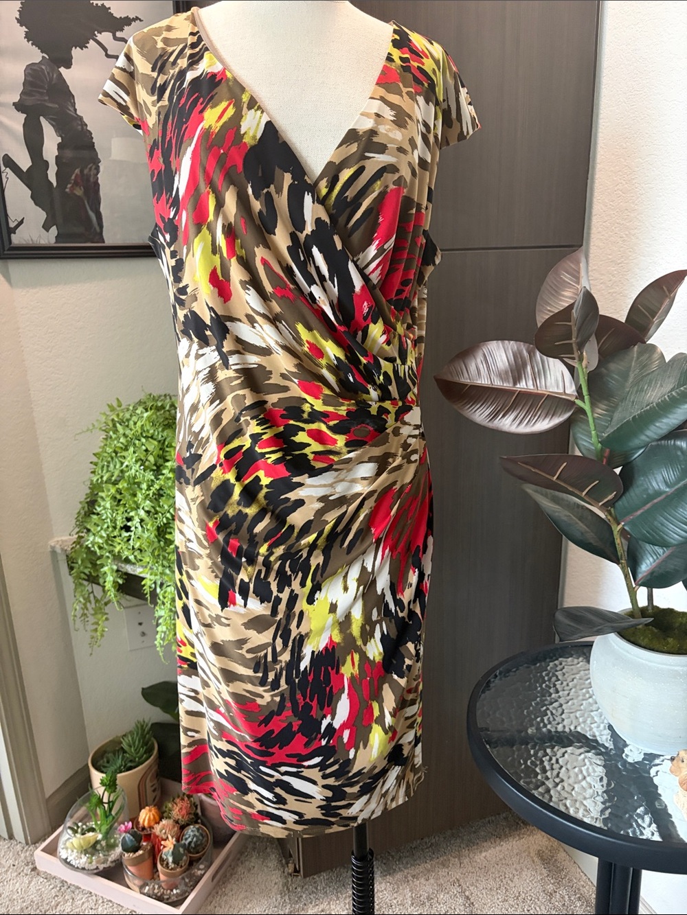 Abstract-Print Faux-Wrap Dress in Red, Olive & Black